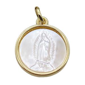copper circle pendant with shell virgin mary, gold plated, approx 14mm dia [FN15750]