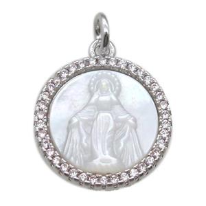 copper circle pendant pave zircon with shell virgin mary, platinum plated, approx 15mm dia [FN15751]