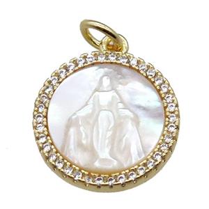 copper circle pendant pave zircon with shell virgin mary, gold plated, approx 15mm dia [FN15752]