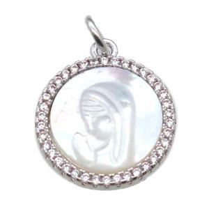 copper circle pendant pave zircon with shell virgin mary, platinum plated, approx 15mm dia [FN15753]