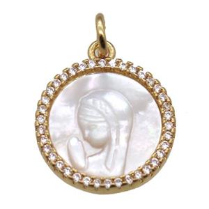 copper circle pendant pave zircon with shell virgin mary, gold plated, approx 15mm dia [FN15754]