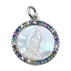 copper circle pendant pave zircon with shell virgin mary, platinum plated, approx 15mm dia [FN15755]