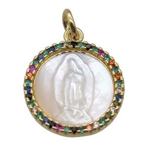 copper circle pendant pave zircon with shell virgin mary, gold plated, approx 15mm dia [FN15756]