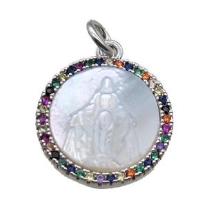 copper circle pendant pave zircon with shell virgin mary, platinum plated, approx 15mm dia [FN15757]