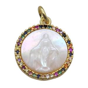 copper circle pendant pave zircon with shell virgin mary, gold plated, approx 15mm dia [FN15758]