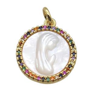 copper circle pendant pave zircon with shell virgin mary, gold plated, approx 15mm dia [FN15759]