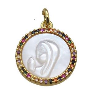 copper circle pendant pave zircon with shell virgin mary, gold plated, approx 15mm dia [FN15760]