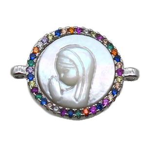 copper circle conector pave zircon with shell virgin mary, platinum plated, approx 15mm dia [FN15761]
