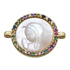copper circle conector pave zircon with shell virgin mary, gold plated, approx 15mm dia [FN15762]