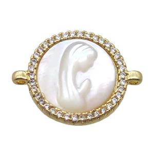 copper circle conector pave zircon with shell virgin mary, gold plated, approx 15mm dia [FN15764]