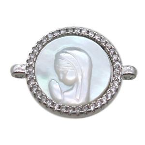 copper circle conector pave zircon with shell virgin mary, platinum plated, approx 15mm dia [FN15765]