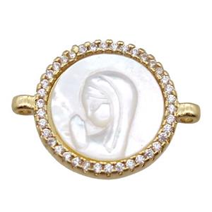 copper circle conector pave zircon with shell virgin mary, gold plated, approx 15mm dia [FN15766]