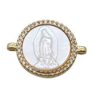 copper circle conector pave zircon with shell virgin mary, gold plated, approx 15mm dia [FN15767]