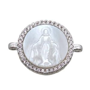 copper circle conector pave zircon with shell virgin mary, platinum plated, approx 15mm dia [FN15768]