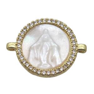 copper circle conector pave zircon with shell virgin mary, gold plated, approx 15mm dia [FN15769]