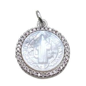 copper circle pendant pave zircon with shell virgin mary, platinum plated, approx 15mm dia [FN15770]