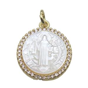 copper circle pendant pave zircon with shell virgin mary, gold plated, approx 15mm dia [FN15771]