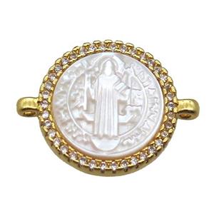 copper circle conector pave zircon with shell virgin mary, gold plated, approx 15mm dia [FN15772]