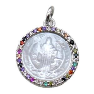 copper circle pendant pave zircon with shell virgin mary, platinum plated, approx 15mm dia [FN15773]