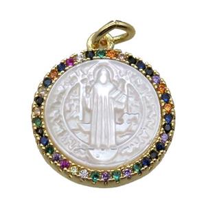 copper circle pendant pave zircon with shell virgin mary, gold plated, approx 15mm dia [FN15774]