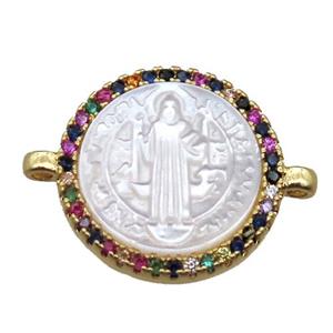 copper circle connector pave zircon with shell virgin mary, gold plated, approx 15mm dia [FN15775]