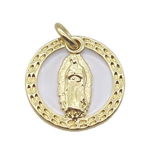copper circle pendant with shell virgin mary, gold plated, approx 14mm dia [FN15776]