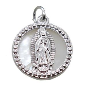 copper circle pendant with shell virgin mary, platinum plated, approx 15mm dia [FN15777]