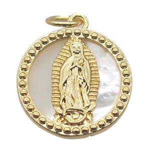copper circle pendant with shell virgin mary, gold plated, approx 15mm dia [FN15778]