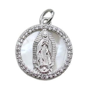 copper circle pendant pave zircon with shell virgin mary, platinum plated, approx 15mm dia [FN15779]