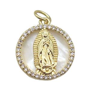 copper circle pendant pave zircon with shell virgin mary, gold plated, approx 15mm dia [FN15780]