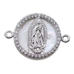 copper circle connector pave zircon with shell virgin mary, platinum plated, approx 15mm dia [FN15781]
