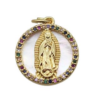 copper circle pendant pave zircon with shell virgin mary, gold plated, approx 15mm dia [FN15783]