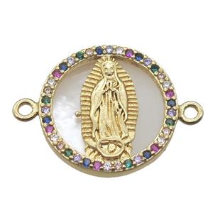 copper circle connector pave zircon with shell virgin mary, gold plated, approx 15mm dia [FN15784]
