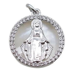 copper circle pendant pave zircon with shell virgin mary, platinum plated, approx 15mm dia [FN15785]