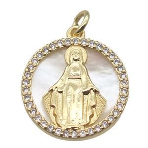 copper circle pendant pave zircon with shell virgin mary, gold plated, approx 15mm dia [FN15786]