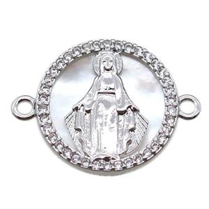 copper circle connector pave zircon with shell virgin mary, platinum plated, approx 15mm dia [FN15787]