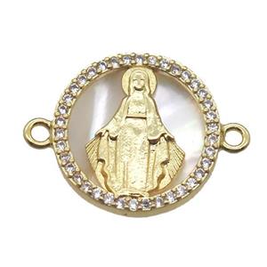 copper circle connector pave zircon with shell virgin mary, gold plated, approx 15mm dia [FN15788]