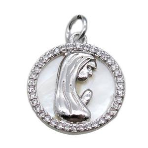 copper circle pendant pave zircon with shell virgin mary, platinum plated, approx 15mm dia [FN15789]