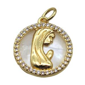 copper circle pendant pave zircon with shell virgin mary, gold plated, approx 15mm dia [FN15790]