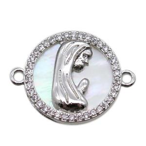 copper circle connector pave zircon with shell virgin mary, platinum plated, approx 15mm dia [FN15791]