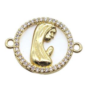 copper circle connector pave zircon with shell virgin mary, gold plated, approx 15mm dia [FN15792]