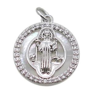 copper circle pendant pave zircon with shell virgin mary, platinum plated, approx 15mm dia [FN15793]