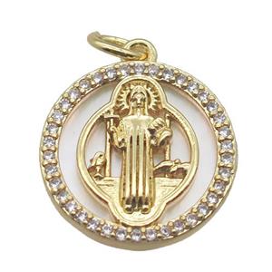 copper circle pendant pave zircon with shell virgin mary, gold plated, approx 15mm dia [FN15794]