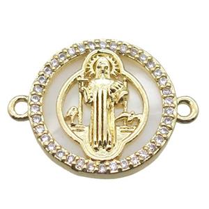 copper circle connector pave zircon with shell virgin mary, gold plated, approx 15mm dia [FN15796]