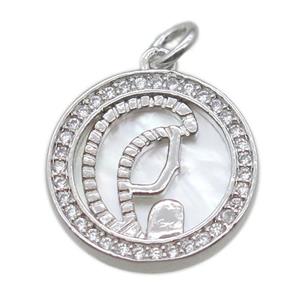 copper circle pendant pave zircon with shell virgin mary, platinum plated, approx 15mm dia [FN15797]
