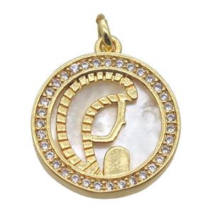 copper circle pendant pave zircon with shell virgin mary, gold plated, approx 15mm dia [FN15798]