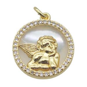 copper circle pendant pave zircon with shell faery, gold plated, approx 15mm dia [FN15799]