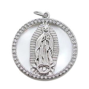 copper circle pendant pave zircon with shell virgin mary, platinum plated, approx 22mm dia [FN15800]