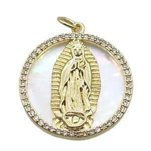 copper circle pendant pave zircon with shell virgin mary, gold plated, approx 22mm dia [FN15801]