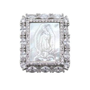copper rectangle pendant pave zircon with shell virgin mary, platinum plated, approx 20-25mm [FN15802]